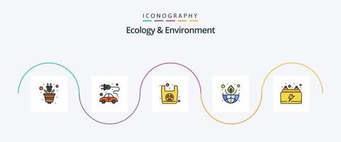 Ökologie- und Umweltlinie gefülltes flaches 5-Icon-Paket einschließlich Elektro. speichern. organisch. Planet. Erde vektor