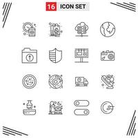 Stock Vector Icon Pack mit 16 Zeilenzeichen und Symbolen für Sicherheits-Upload-Datenbankordner Karte editierbare Vektordesign-Elemente
