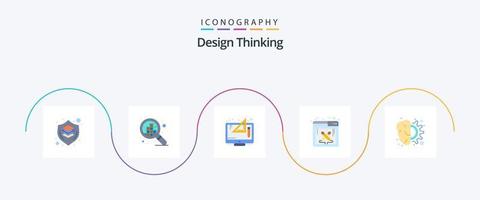 Design Thinking Flat 5 Icon Pack inklusive Gehirn. Software. kreativ. Design-Arbeit. Denken vektor