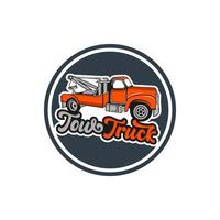 Auto-Abschleppwagen-Embleme, Etiketten und Designelemente, Pick-up-Logos, Embleme und Symbole. Design des Autoservice-Logos. Abschlepp- und Abschleppwagen. Pickup mit Schneepflug. vektor