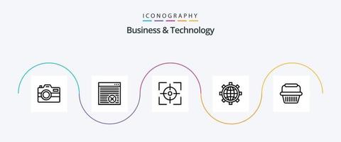 Business and Technology Line 5 Icon Pack inklusive Warenkorb. Welt. Ziel. Präferenz. Browser vektor