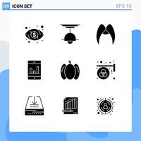 Piktogrammsatz von 9 einfachen soliden Glyphen von Paprika Smartphone Schnurrbart Diagramm Männer editierbare Vektordesign-Elemente vektor