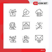 Stock Vector Icon Pack mit 9 Zeilenzeichen und Symbolen für Kontaktreise Online-Karte Globus editierbare Vektordesign-Elemente