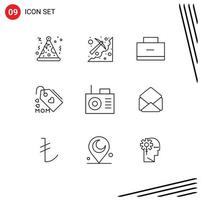 Stock Vector Icon Pack mit 9 Zeilen Zeichen und Symbolen für Radio Mother Bag Mom Tag editierbare Vektordesign-Elemente