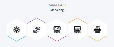 Marketing-Icon-Pack mit 25 gefüllten Zeilen, einschließlich Schreibmaschine. Marketing. Computer. Werbetexten. Stern vektor
