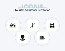 turism och utomhus- rekreation glyf ikon packa 5 ikon design. fält glasögon. fartyg. cykel. kajak. båt vektor