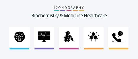 biokemi och medicin sjukvård glyf 5 ikon packa Inklusive telefon. hälsa. flaska. medicinsk. molekyl. kreativ ikoner design vektor