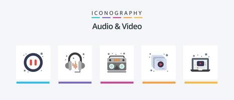 audio och video platt 5 ikon packa Inklusive musik. video. musik. bärbar dator. multimedia. kreativ ikoner design vektor