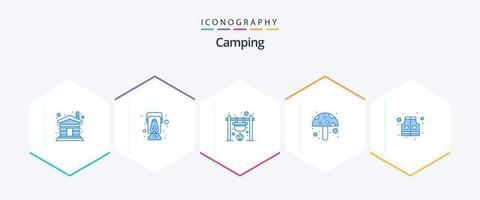 Camping 25 blaues Icon Pack inklusive Leben. Pilz. Lagerfeuer. Lebensmittelzutat. Feuer vektor