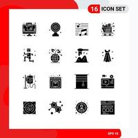 16 solides Glyphenpaket der Benutzeroberfläche mit modernen Zeichen und Symbolen des Einkaufs vollständiger Zieltafel-Warenkorb-Lied editierbare Vektordesign-Elemente vektor
