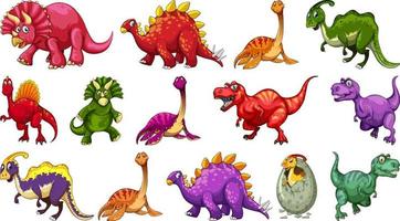uppsättning av olika dinosaurie seriefigurer isolerad på vit bakgrund vektor