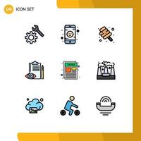 Gruppe von 9 modernen Filledline-Flachfarben für Papierdokumente, süße Plan-Checkliste, editierbare Vektordesign-Elemente vektor