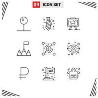 Stock Vector Icon Pack mit 9 Zeilenzeichen und Symbolen für Gehirnprozesskarte Mind Flag editierbare Vektordesign-Elemente