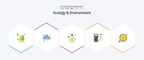 ekologi och miljö 25 platt ikon packa Inklusive blad. pump. elektricitet. bensin. munstycke vektor