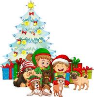 Gruppe von Kindern mit ihrem Hund, der Weihnachtskostüm auf weißem Hintergrund trägt vektor