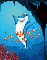 många hajar seriefigur i undervattensbakgrunden vektor