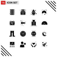 Stock Vector Icon Pack mit 16 Zeilenzeichen und Symbolen für Tageskalender Gartenarbeit Richtungspfeile editierbare Vektordesign-Elemente
