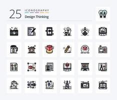 Design Thinking 25 Zeilen gefülltes Icon Pack inklusive Online. Wagen. Design. Komponieren. Bleistift vektor