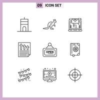 Stock Vector Icon Pack mit 9 Zeilenzeichen und Symbolen für Seitendaten Känguru-Pfeile online bearbeitbare Vektordesign-Elemente