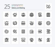 Backen 25-Zeilen-Icon-Pack inklusive Backen. Buch. Restaurant. Essen. Kuchen vektor