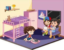 flickor i sovrummet i rosa temaplats på vit bakgrund vektor