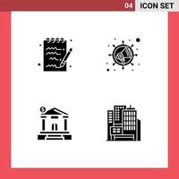4 solides Glyphen-Konzept für mobile Websites und Apps dokumentieren bearbeitbare Vektordesign-Elemente für Immobilienmarketing-Bankgebäude vektor