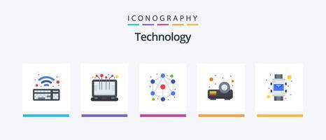 teknologi platt 5 ikon packa Inklusive . smart handled. hierarki. kuvert. projektor. kreativ ikoner design vektor