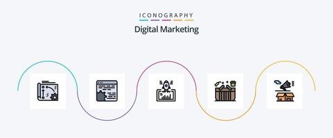 digitale Marketinglinie gefülltes flaches 5-Icon-Paket inklusive Geschenk. Korb. Einstellung. Netz. Webseite vektor