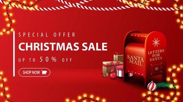 Sonderangebot, Weihnachtsverkauf, bis zu 50 Rabatt, modernes rotes Rabattbanner im minimalistischen Stil mit Weihnachtsgirlanden und Weihnachtsbriefkasten mit Geschenken vektor