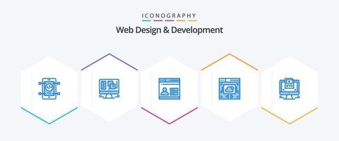 webb design och utveckling 25 blå ikon packa Inklusive dator. användare. moln delning. webb sida vektor