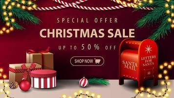 Sonderangebot, Weihnachtsverkauf, bis zu 50 Rabatt, Discaunt Banner mit Girlanden und Santa Briefkasten mit Geschenken vektor