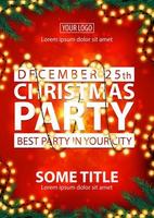Weihnachtsfeier, beste Party in Ihrer Stadt, rotes Plakat mit weißen Buchstaben, unscharfem Hintergrund, Weihnachtsbaumzweigen und Girlande vektor
