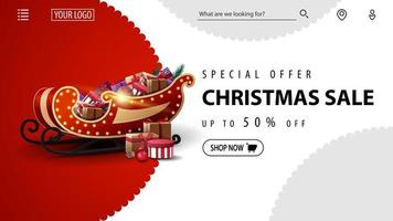 Sonderangebot, Weihnachtsverkauf, bis zu 50 Rabatt, rot-weißes Rabattbanner für Website mit Weihnachtsschlitten mit Geschenken vektor
