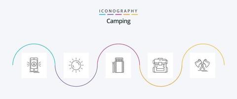 Camping Line 5 Icon Pack inklusive Reißverschluss. Tasche. Sonnenaufgang. Kasten. Feuer vektor