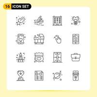uppsättning av 16 modern ui ikoner symboler tecken för app hjärta byggnad flyga luft redigerbar vektor design element