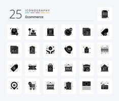 E-Commerce 25 solides Glyphen-Icon-Pack inklusive Scheck. offen. Kalender. Std. vektor