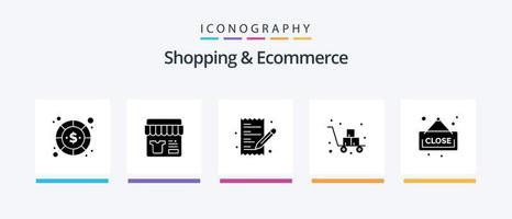 Shopping und E-Commerce Glyph 5 Icon Pack inklusive Versand. Lieferung. speichern. Wagen. Einkaufen. kreatives Symboldesign vektor