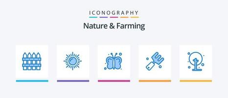Natur und Landwirtschaft blau 5 Icon Pack inklusive Pflanze. Bauernhof. Fliege. Gabel. Bauernhof. kreatives Symboldesign vektor
