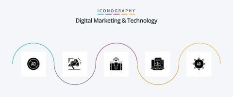 digital marknadsföring och teknologi glyf 5 ikon packa Inklusive underkastelse. digital. engagemang. prenumeration modell. prenumeration vektor