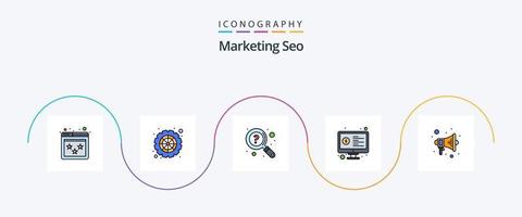 marknadsföring seo linje fylld platt 5 ikon packa Inklusive skärm. övervaka. redskap. pengar. Sök vektor