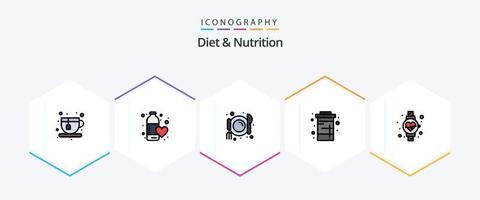 diet och näring 25 fylld linje ikon packa Inklusive Kolla på. vatten. Kafé. soda. diet vektor