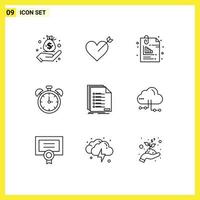 Stock Vector Icon Pack mit 9 Zeilenzeichen und Symbolen für die Einreichung von Zeitdokumenten, Bildung, Alarm, editierbare Vektordesign-Elemente