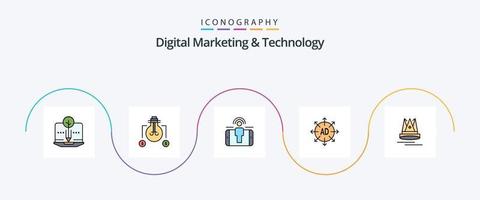 digitale Marketing- und Technologielinie gefülltes flaches 5-Icon-Paket einschließlich Inhalt. Anzeige. Engagement. Werbeeinreichung. Werbung vektor