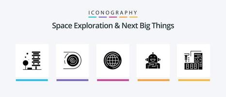 Plats utforskning och Nästa stor saker glyf 5 ikon packa Inklusive emotionell. artificiell. störande. android. stor. kreativ ikoner design vektor
