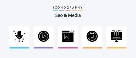 SEO und Media Glyph 5 Icon Pack inklusive Medien. Verbindungen. Browser. Schiene. Medien. kreatives Symboldesign vektor