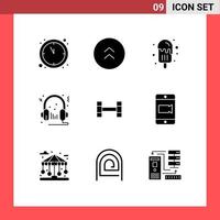 Stock Vector Icon Pack mit 9 Zeilen Zeichen und Symbolen für Gewichtheben Mikrofon Eis Multimedia Lautsprecher editierbare Vektordesign-Elemente