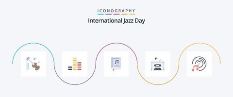 International Jazz Day Flat 5 Icon Pack inklusive Multimedia. CD-Festplatte. Buch. Band. Musik vektor