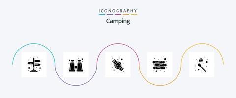 Camping Glyph 5 Icon Pack inklusive . Stockfeuer. betrachten. passen. Feuer vektor