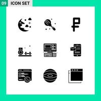 Gruppe von 9 soliden Glyphen Zeichen und Symbolen für Monitor-Fitness-Mixer-Fitness-Hobbys editierbare Vektordesign-Elemente vektor