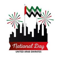 Förenade Arabemiraten nationella dag med stadsbyggnader fyrverkerier och flagga vektor design